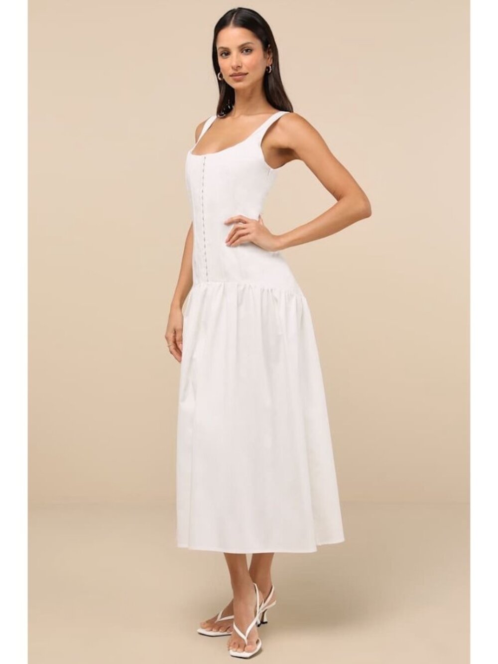 Lulus Kyla Midi Dress Sz Medium White Drop Waist Corset Coquette Sundress Bridal - Picture 5 of 9